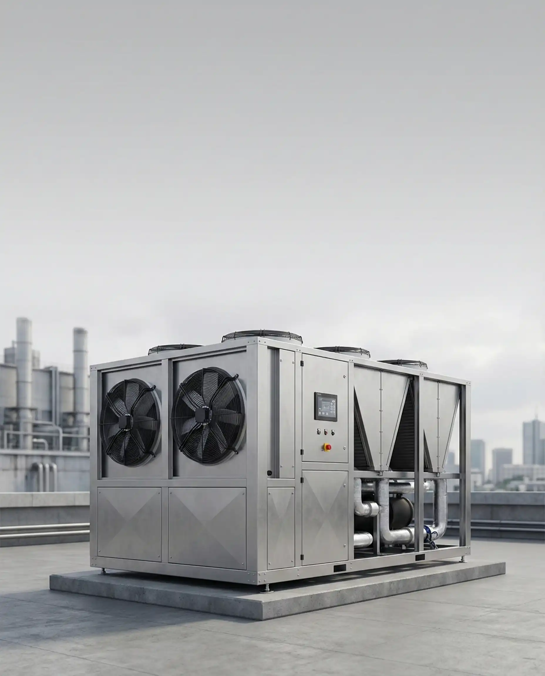 Industrial customised chiller system with large condenser fans installed on a commercial rooftop for temperature-controlled cold storage applications in UAE