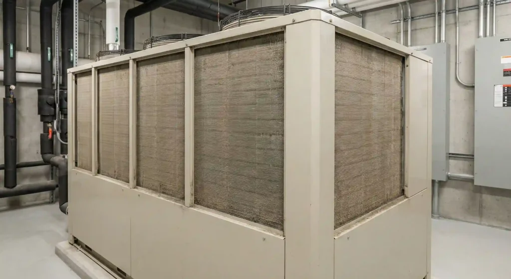 Dust accumulation on condenser coils of a cold storage chiller unit reducing heat rejection efficiency and increasing compressor workload