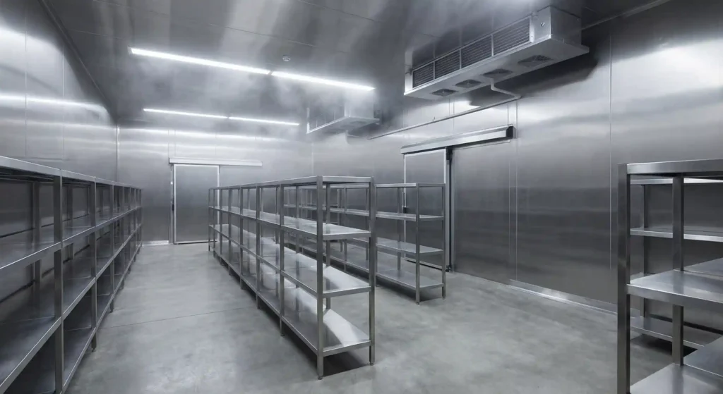 Modern walk in chiller room designed for commercial cool rooms and industrial cold rooms with stainless steel interior and uniform cooling