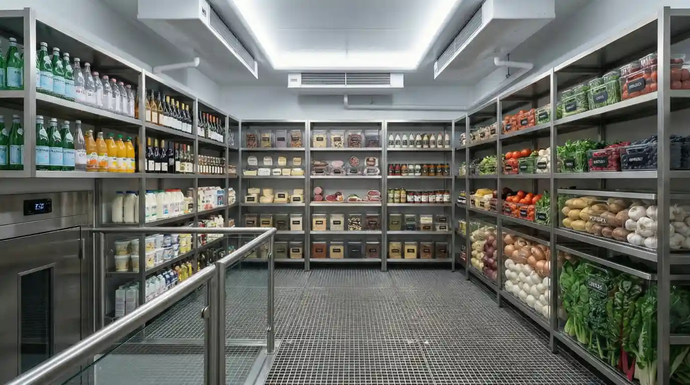 Interior of a commercial walk-in chiller room in UAE with refrigerated cold storage system and organized food shelving