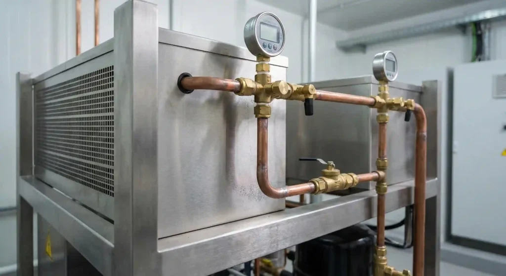 Customised Chiller system with copper piping, valves, and gauges integrated into a cold storage chiller unit for precise temperature control