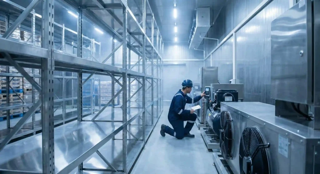 Technician performing chiller system inspection inside industrial cold rooms ensuring reliable cooling performance and operational efficiency