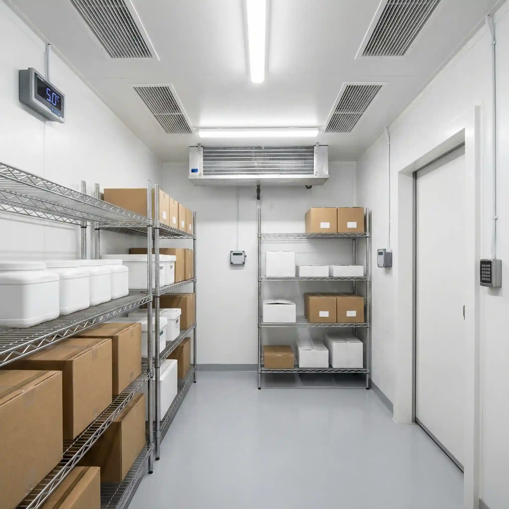 Pharmaceutical cold room with insulated panels, stainless steel shelving, and precise temperature control designed by Walk-In chiller room manufacturers in UAE.