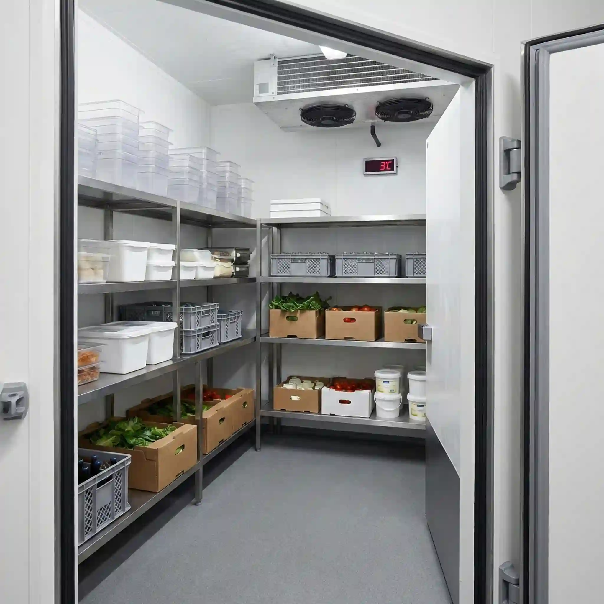 Restaurant chiller room with organized food storage, stainless steel racks, and stable cooling configured by best Walk-In Chiller room supplier in UAE.