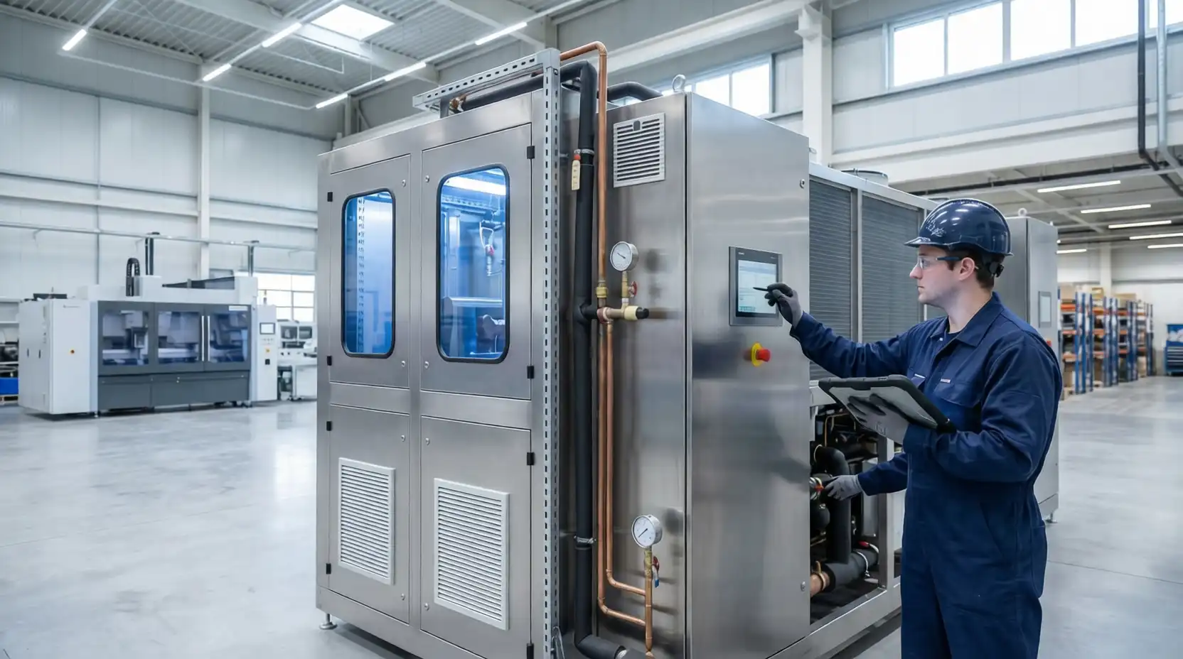 Refrigeration engineer calibrating temperature controls and validating load calculations in an industrial chiller system