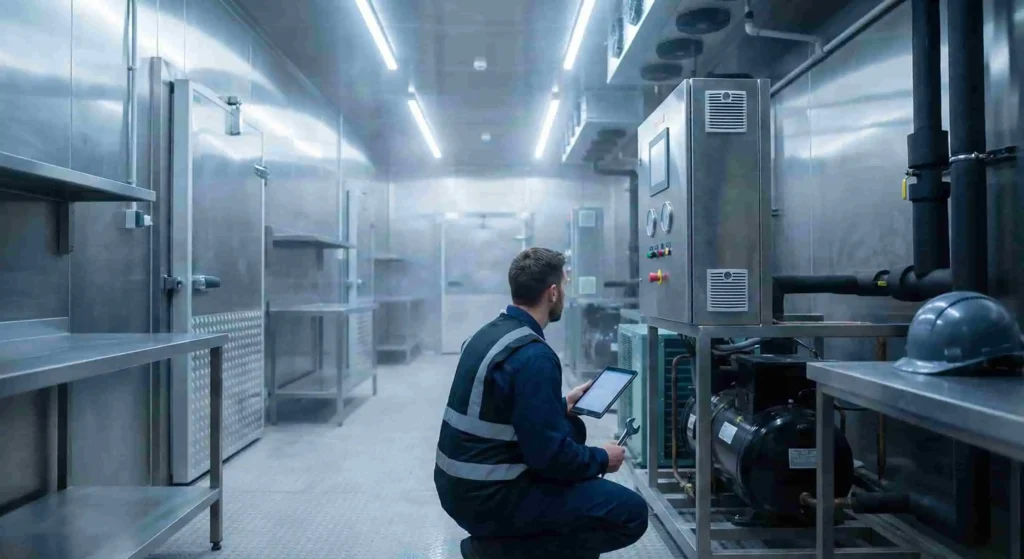 Technician performing diagnostics on a cold room chiller unit inside industrial cold rooms highlighting reliability and performance challenges in UAE climate conditions