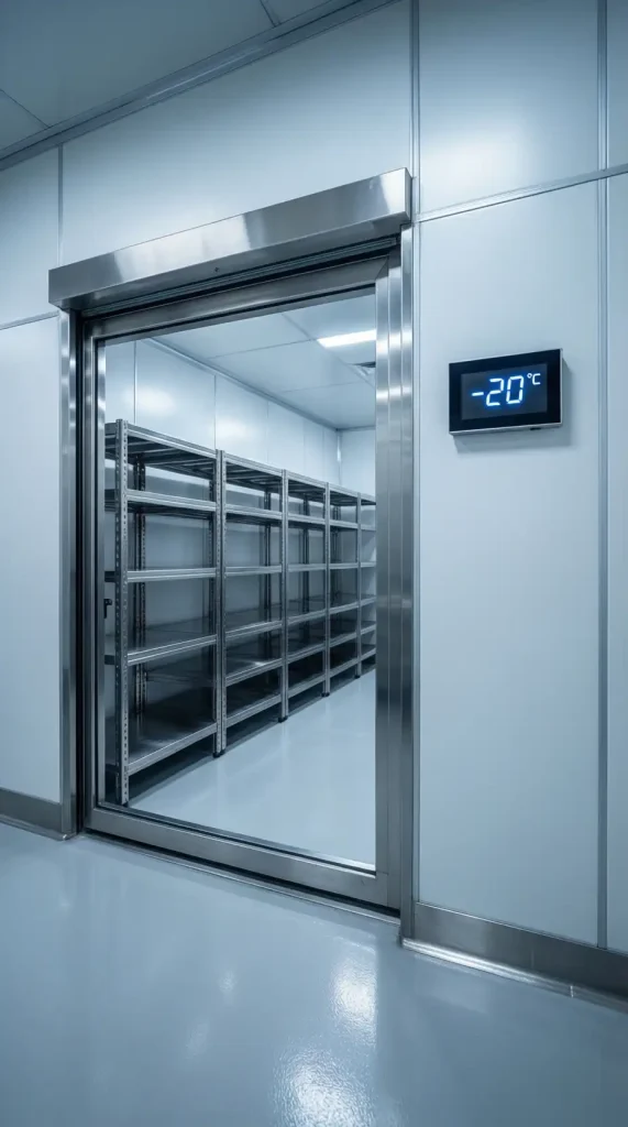 Chiller room installation in Dubai by the Best Chiller Room Manufacturers in UAE, featuring insulated cold room panels, stainless steel shelving, sealed access door, and digital temperature control display.