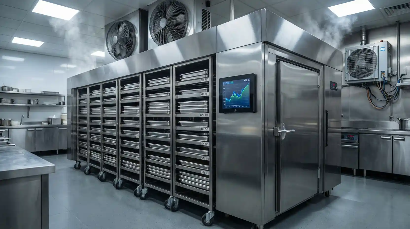Large industrial blast chiller room with stainless steel blast chiller equipment, cooling racks, and evaporator fans used for fast food chilling in commercial kitchens.