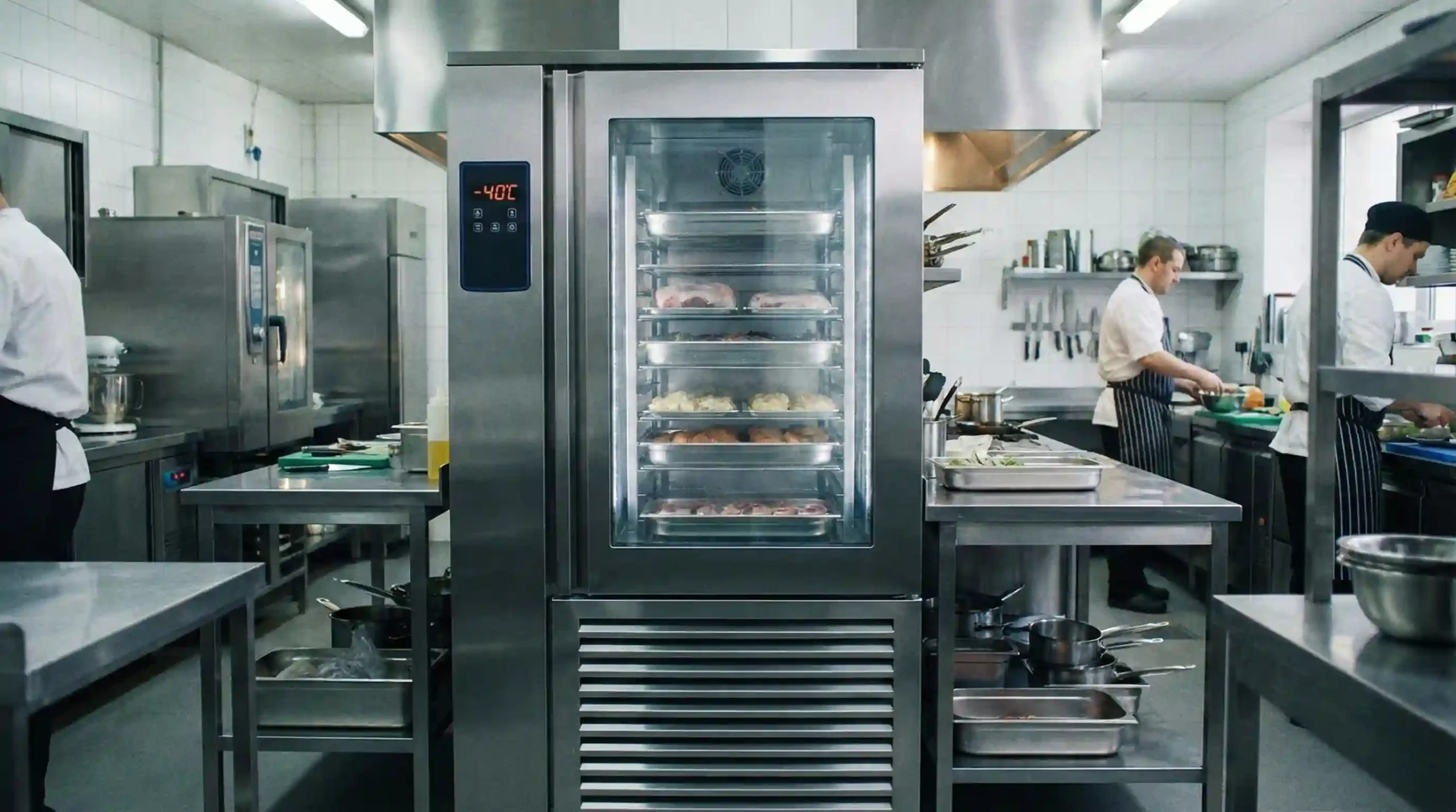 Commercial blast chiller in UAE rapidly cooling prepared food in a professional kitchen for food safety compliance