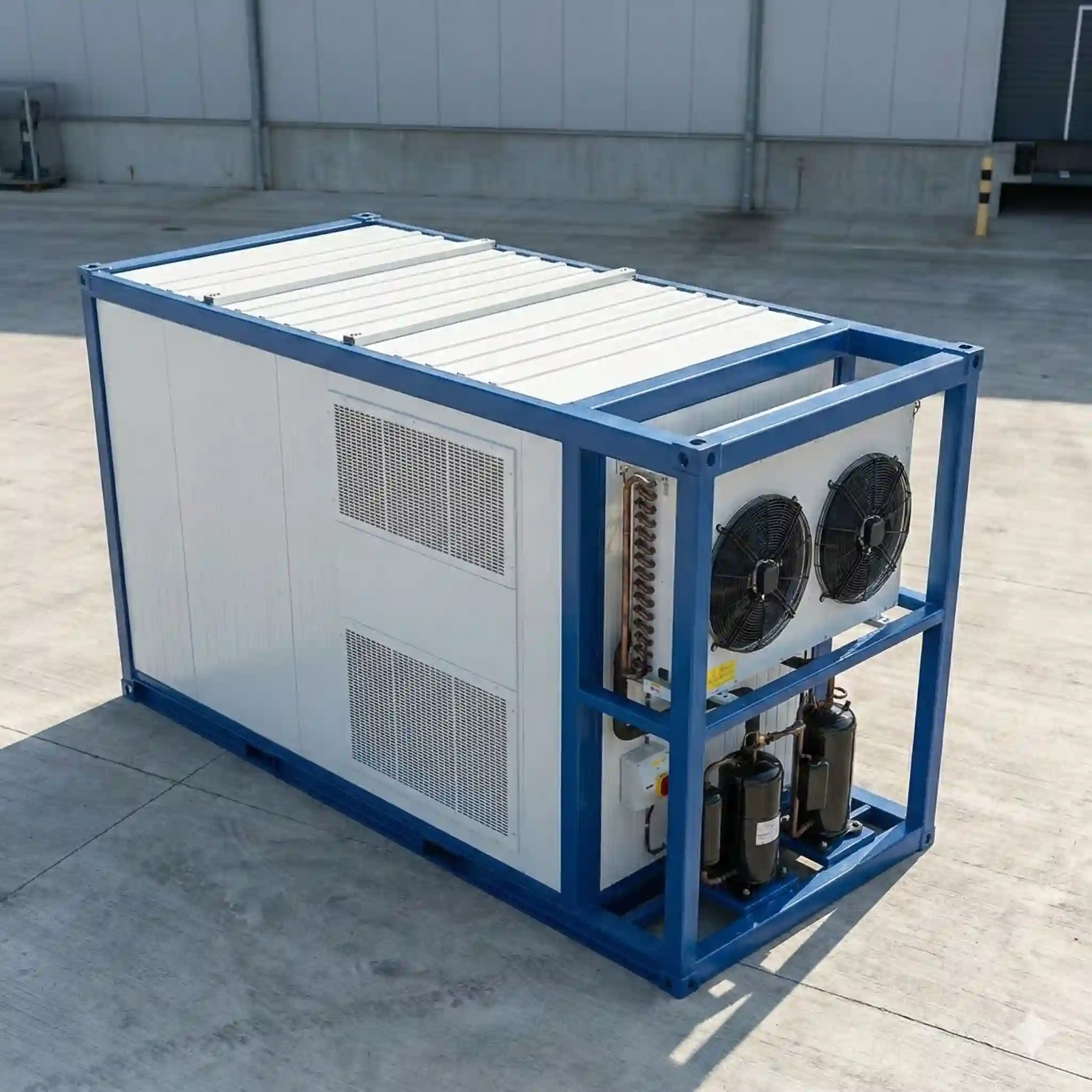 Industrial portable chiller unit with control panel, cooling fan, and flexible hoses used for commercial cold rooms and industrial process cooling