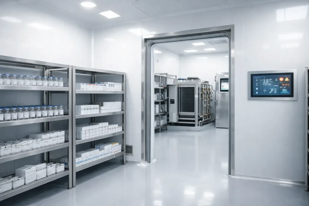 Pharma cold storage room with temperature monitoring system and medical chiller infrastructure ensuring pharmaceutical compliance and temperature stability in UAE