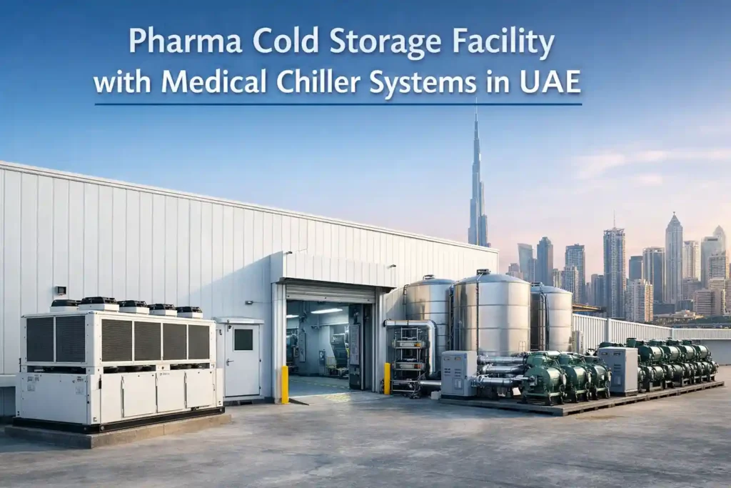 Pharma cold storage facility in UAE supported by medical chiller systems designed for temperature stability, energy efficiency, and pharmaceutical compliance