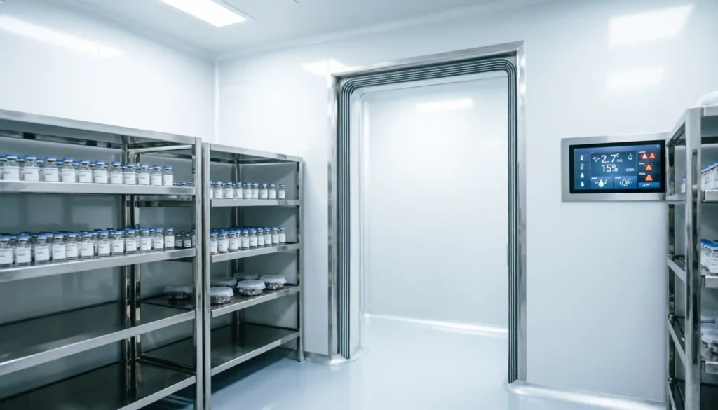 Pharmaceutical cold room designed for pharma cold storage using walk-in chiller system with validated temperature control