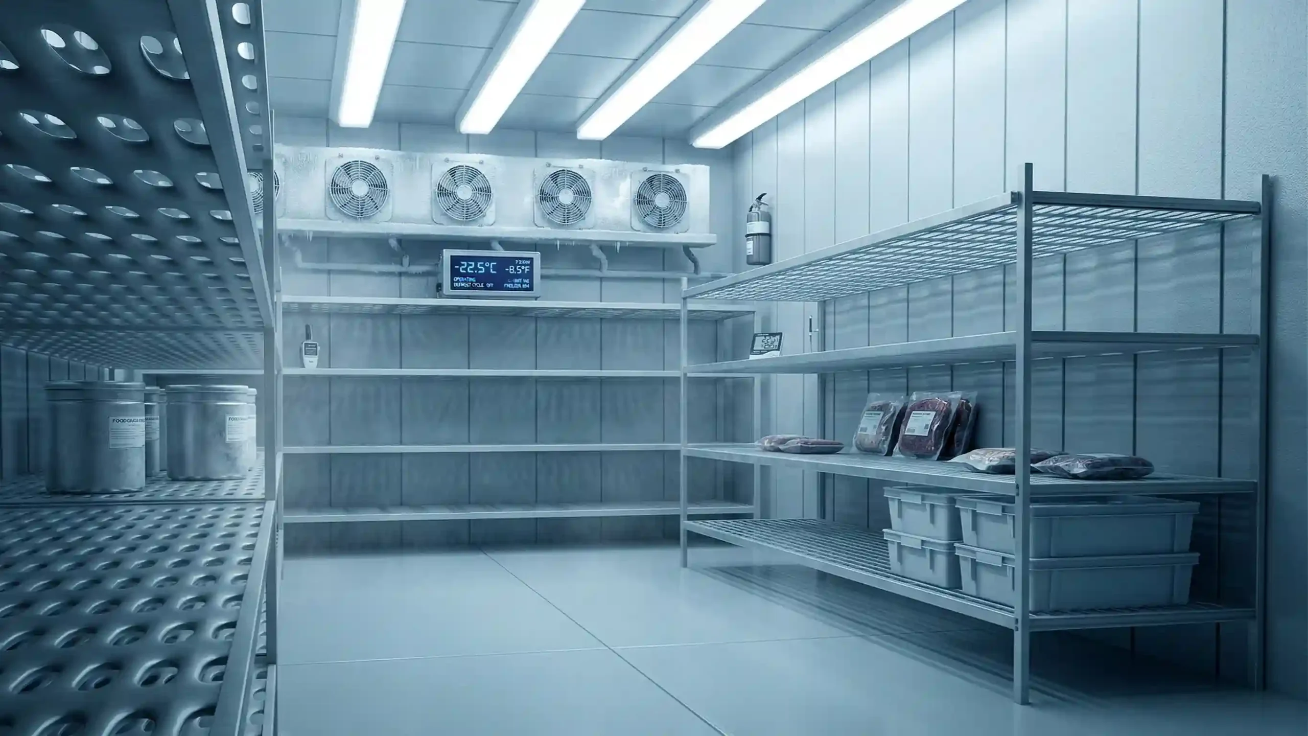 Commercial walk-in chiller room with organized shelves of fresh food, dairy products, and beverages in a professional cold storage facility