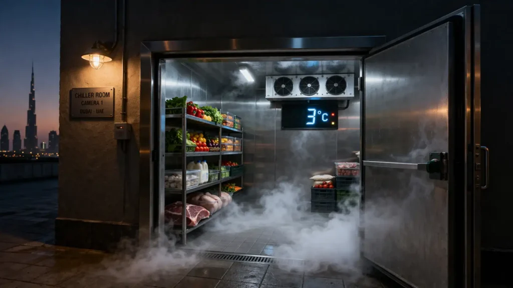 Chiller room temperature in UAE shown inside a commercial cold storage room with 3°C digital display and organized food racks.
