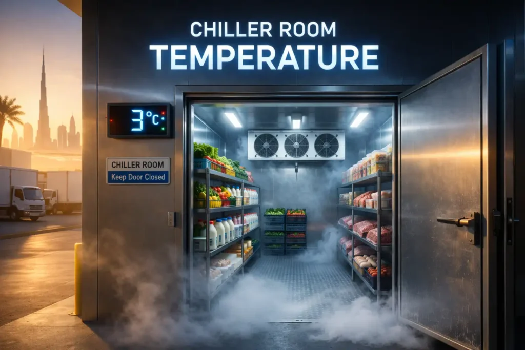 Chiller room temperature in UAE showing cold storage interior at 3°C with food products and refrigeration system