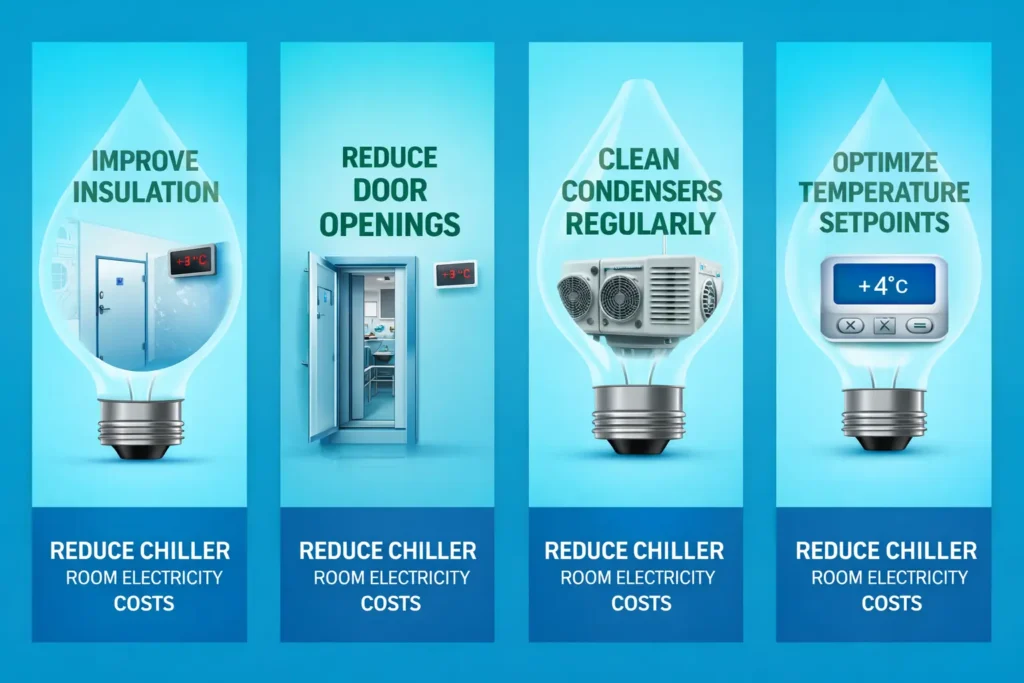 Illustration showing how to reduce chiller room electricity costs through insulation improvement, reducing door openings, cleaning condensers, and optimizing temperature settings in UAE conditions