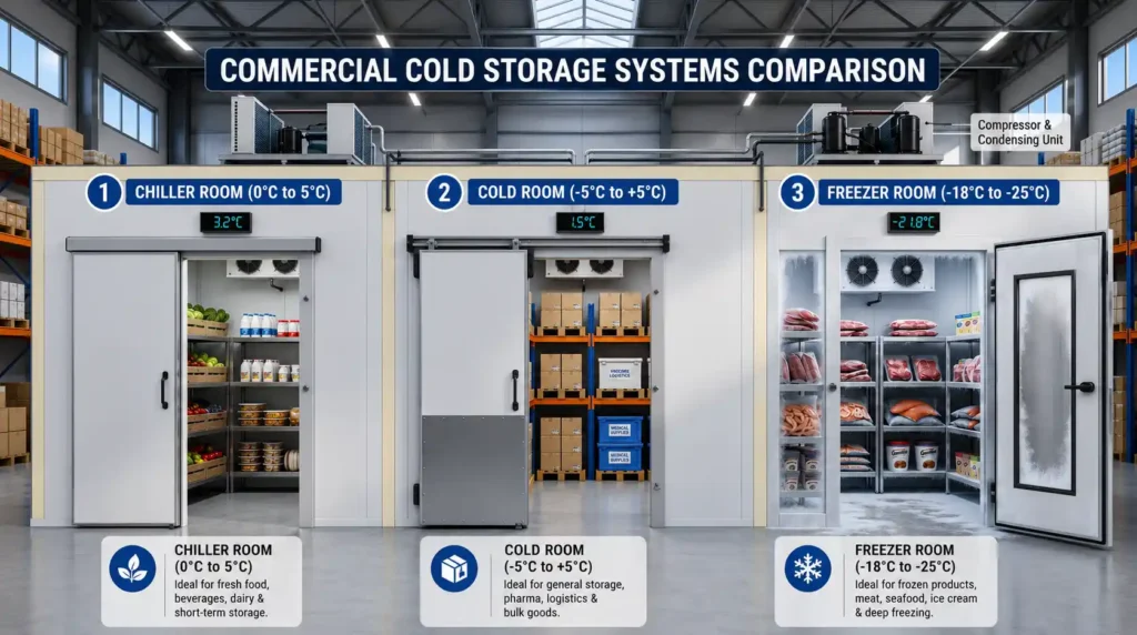 Comparison of commercial chiller room, cold room, and freezer room showing operating temperatures, storage applications, and refrigeration systems used in UAE cold storage facilities.