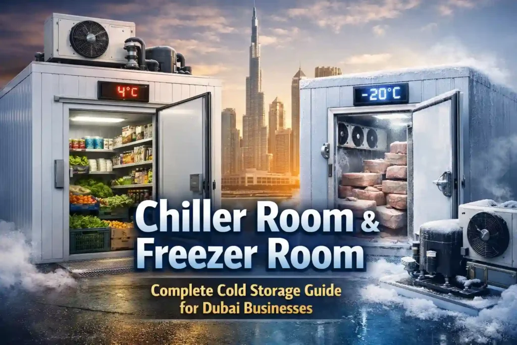 Commercial chiller room and freezer room cold storage units with temperature displays 4°C and -20°C used by UAE, Dubai businesses for food and frozen storage