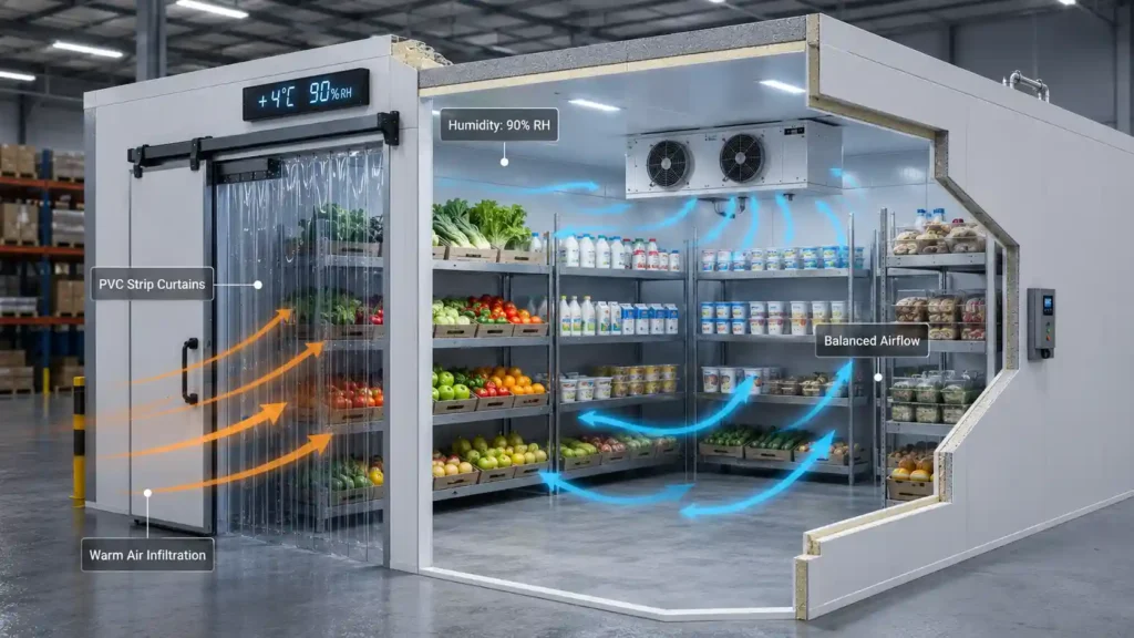 Cutaway view of a commercial cold room showing humidity control at 90% RH, balanced airflow from the evaporator, PVC strip curtains, and warm air infiltration management for energy-efficient cold storage.