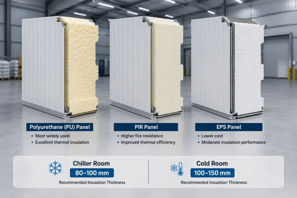 Comparison of Polyurethane (PU), PIR, and EPS insulated sandwich panels used in commercial cold rooms and chiller rooms, showing insulation materials and recommended panel thickness for UAE cold storage applications.