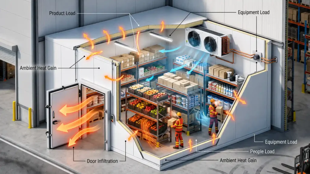 Engineering diagram showing the major refrigeration heat load sources in a commercial cold room, including product load, ambient heat gain, door infiltration, equipment load, and people load affecting cooling performance.