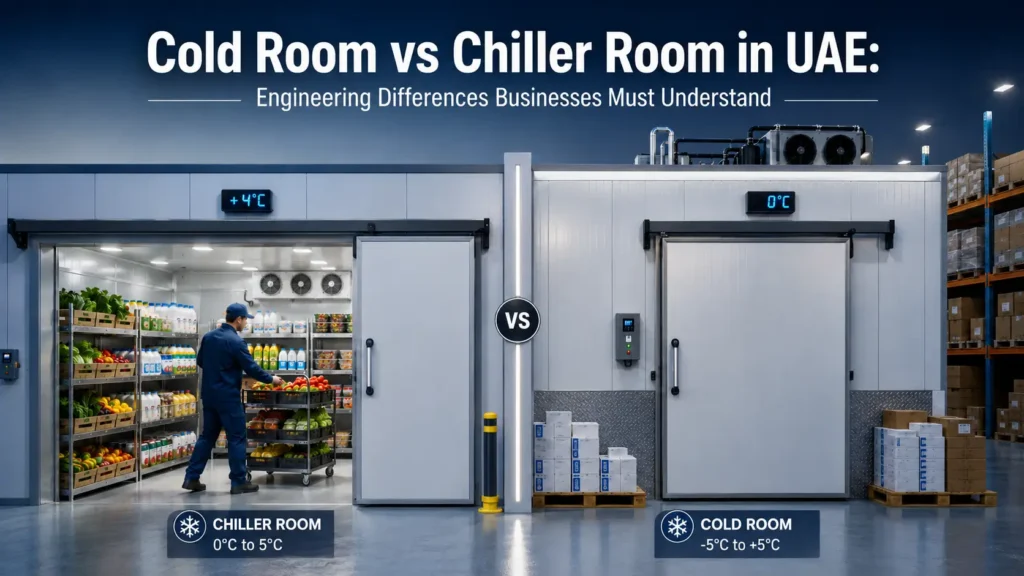 Commercial cold storage comparison showing freezer room at -18°C and chiller room at +4°C used in UAE food storage facilities