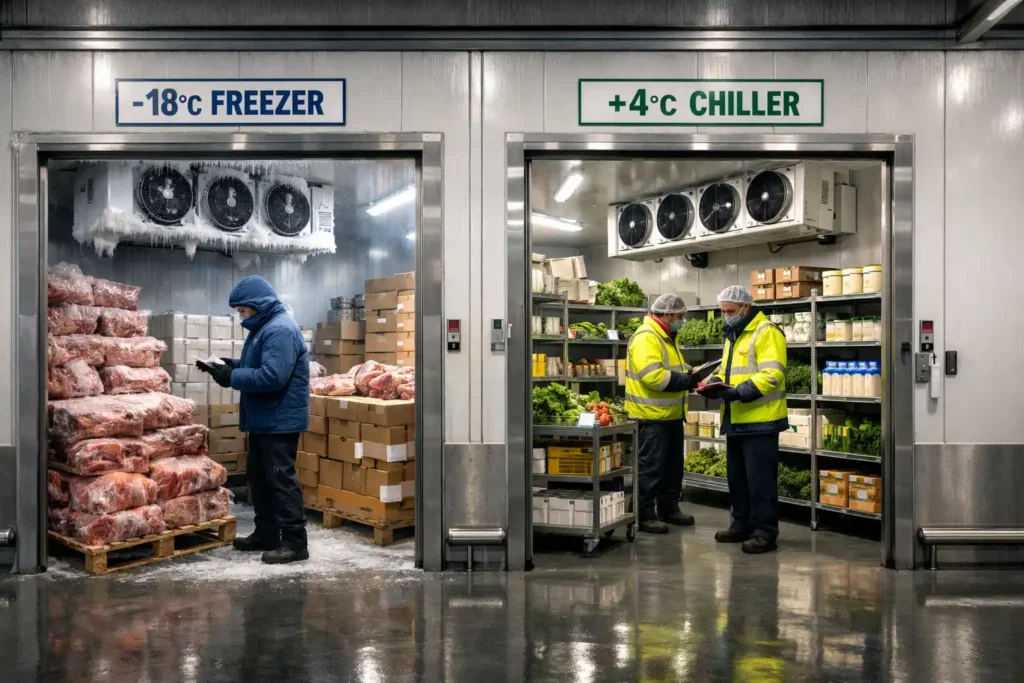 Commercial cold storage comparison showing freezer room at -18°C and chiller room at +4°C used in UAE food storage facilities