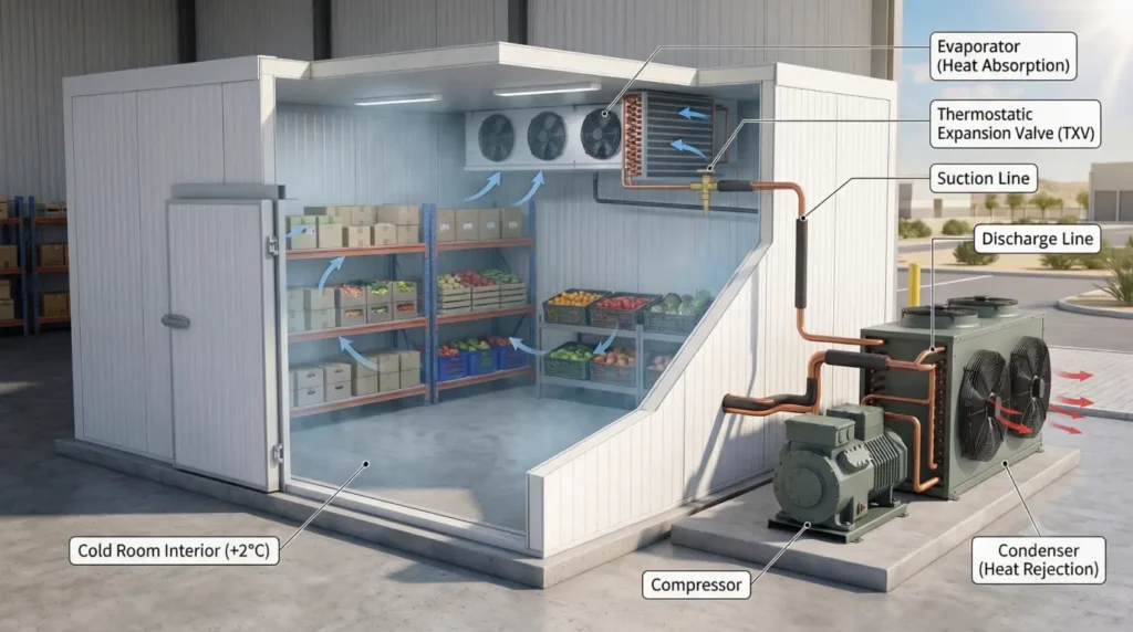 Cutaway diagram of a commercial cold room showing the refrigeration cycle with evaporator, thermostatic expansion valve (TXV), compressor, condenser, suction line, and discharge line used in UAE cold storage facilities.