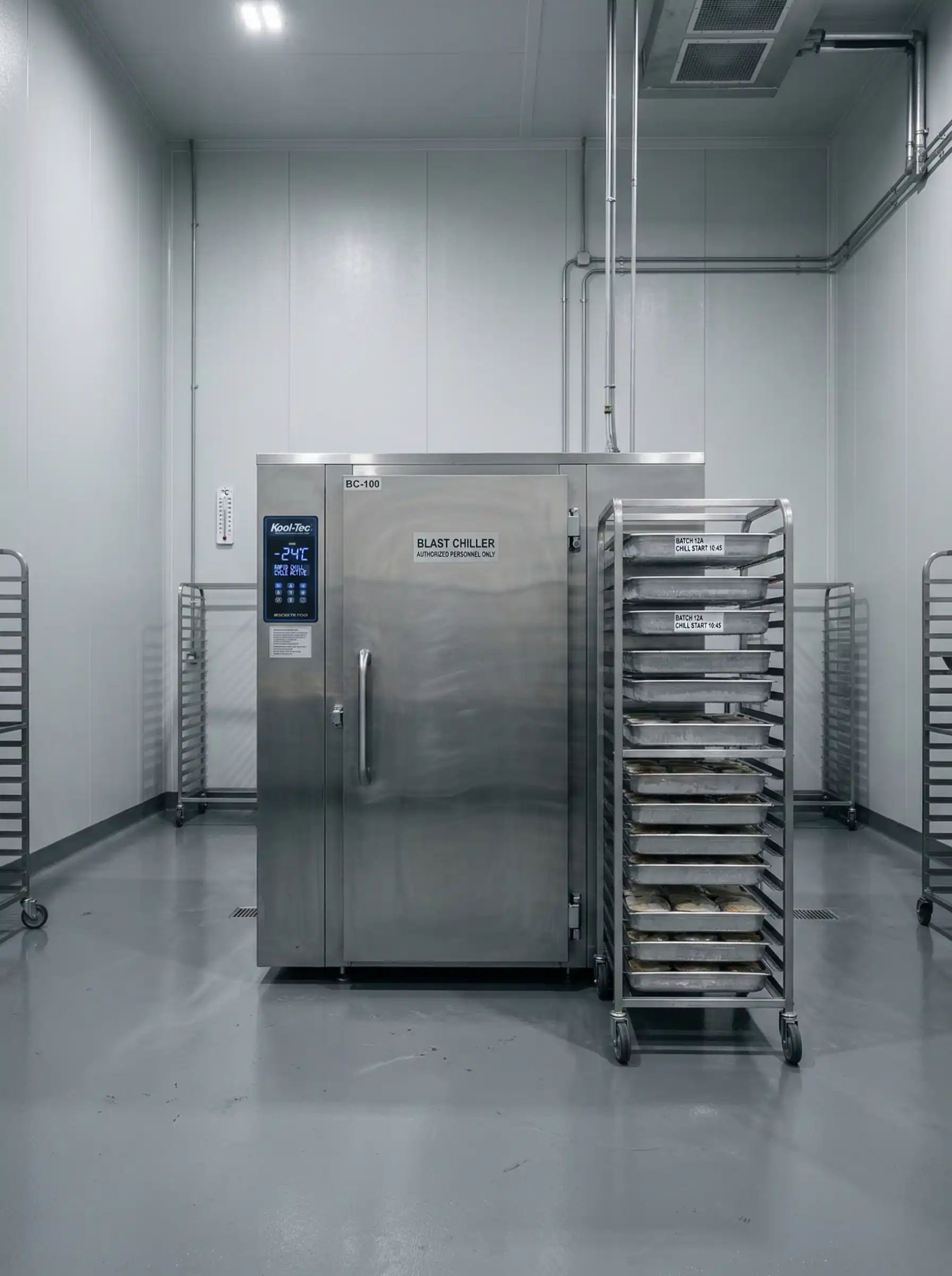 Industrial blast chiller room with stainless steel racks and high-power evaporator fans used for rapid food cooling in commercial kitchens.