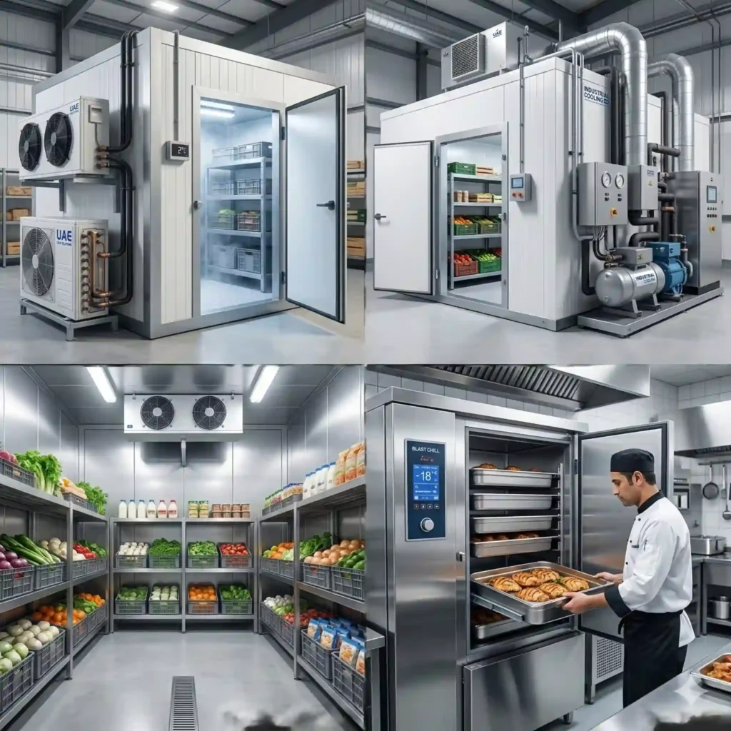 Portable chiller room, customised chiller room, walk-in chiller room and blast chiller systems used in commercial refrigeration and cold storage facilities in UAE