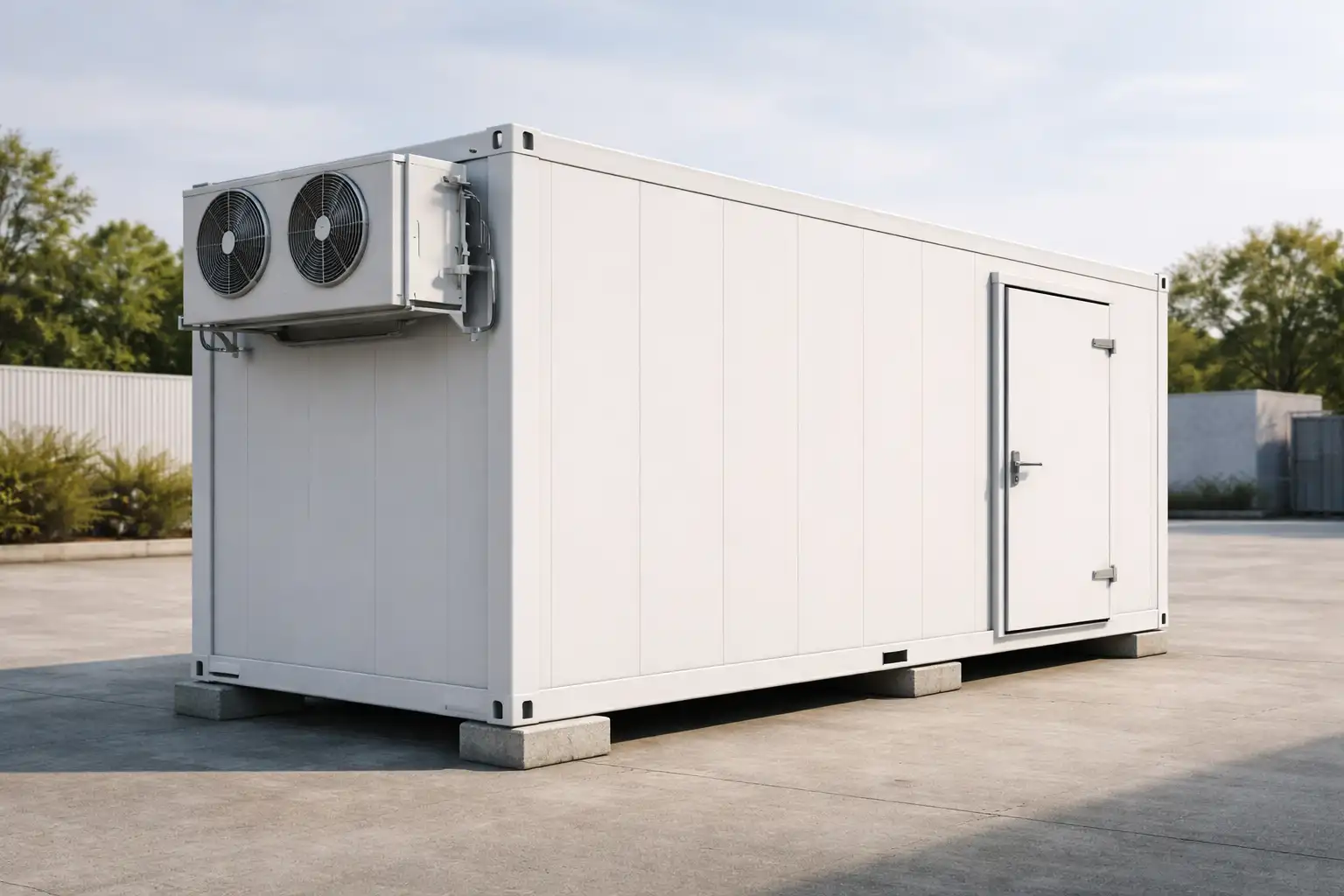 Container chiller room unit installed outdoors with integrated refrigeration system, used for portable cold room chiller and chiller storage applications in UAE