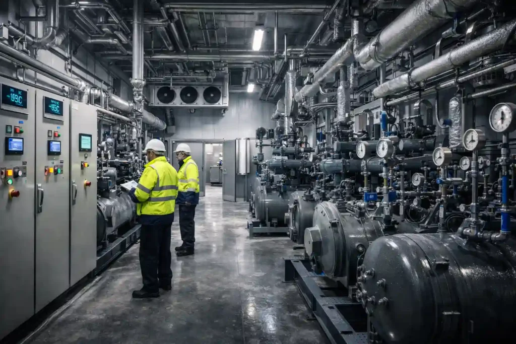 Technicians inspecting industrial refrigeration compressors used for cold room in UAE cold storage systems