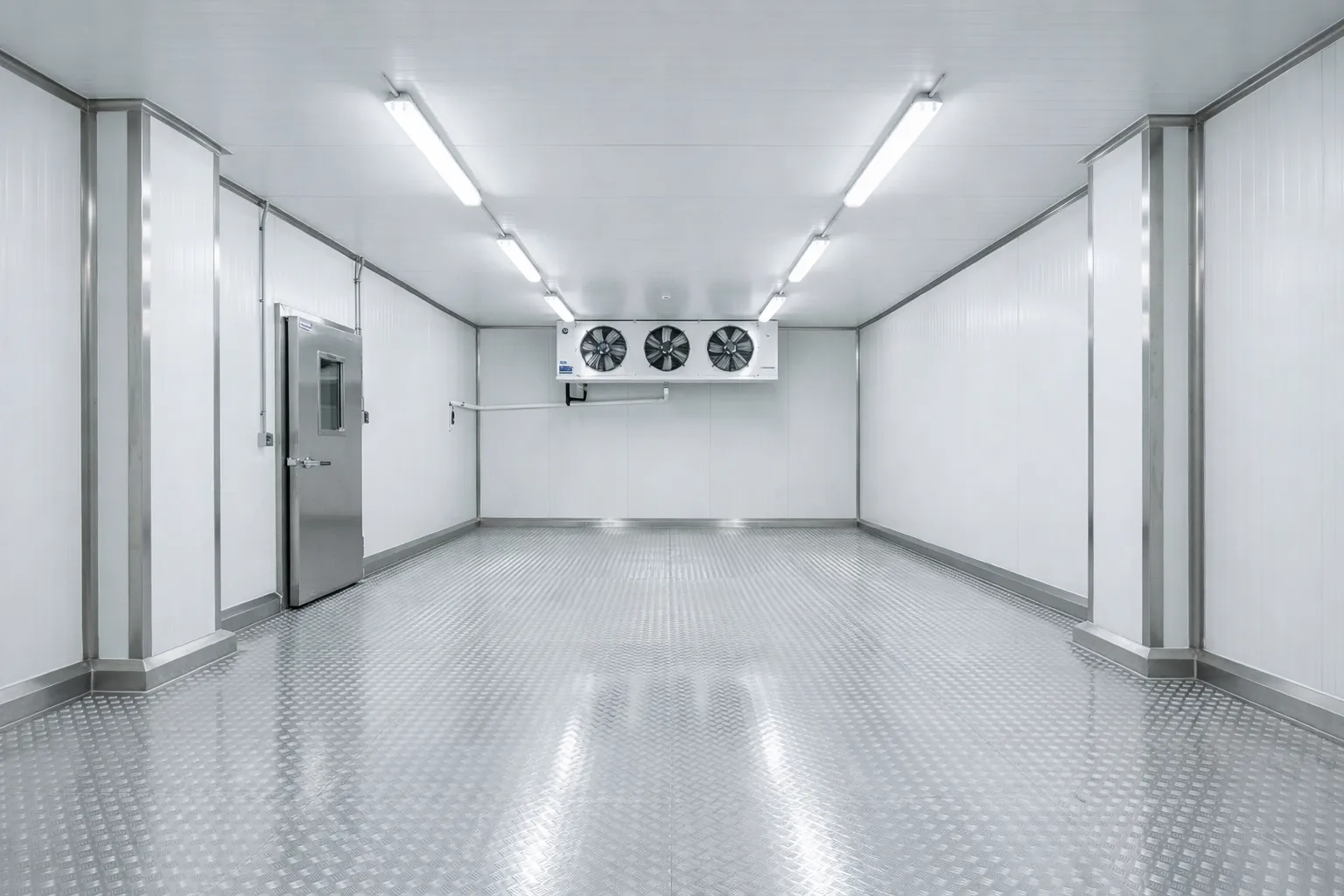 Walk in chiller room interior with insulated panels and ceiling-mounted cooling unit, designed for cold room chiller and commercial chiller storage applications