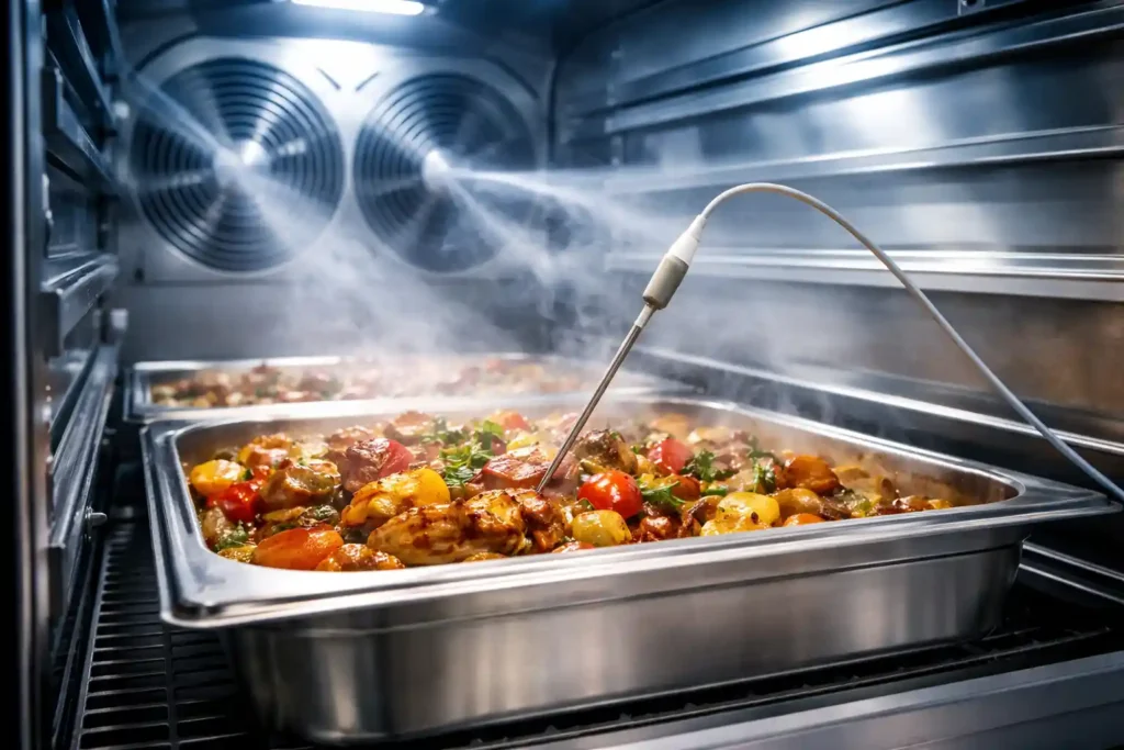 Blast chiller unit cooling hot food with temperature probe and high airflow in a commercial food chiller system