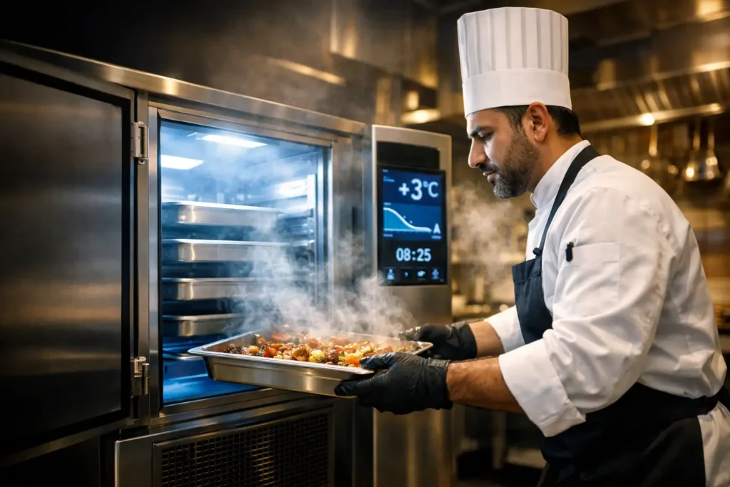 Chef placing hot food into a blast chiller UAE unit to rapidly cool to +3°C using a commercial food chiller system in a professional kitchen