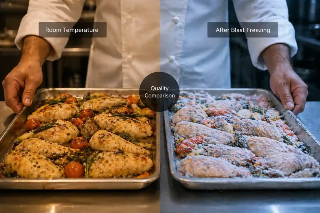 Blast freezer UAE comparison showing food at room temperature vs after blast chiller freezer with preserved texture and freshness