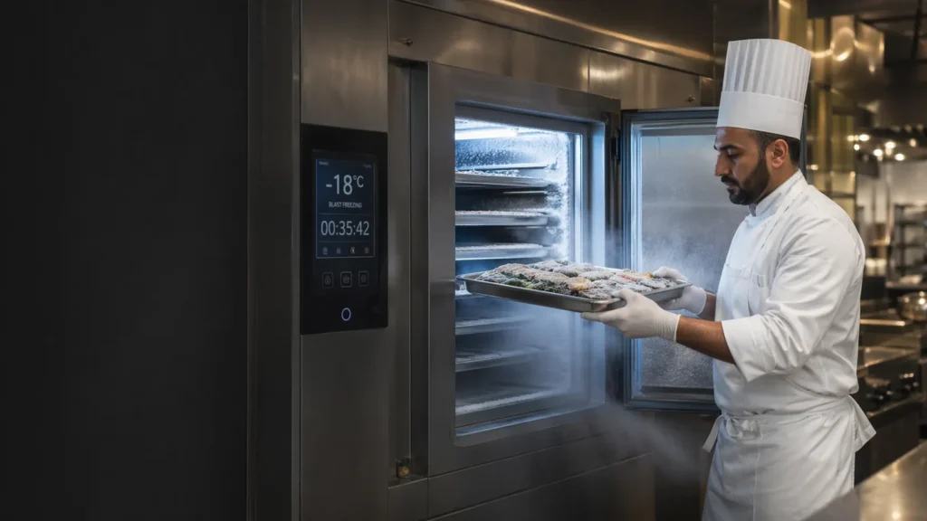 Chef placing food in a commercial blast freezer UAE with industrial blast chiller freezer system at -18°C in professional kitchen