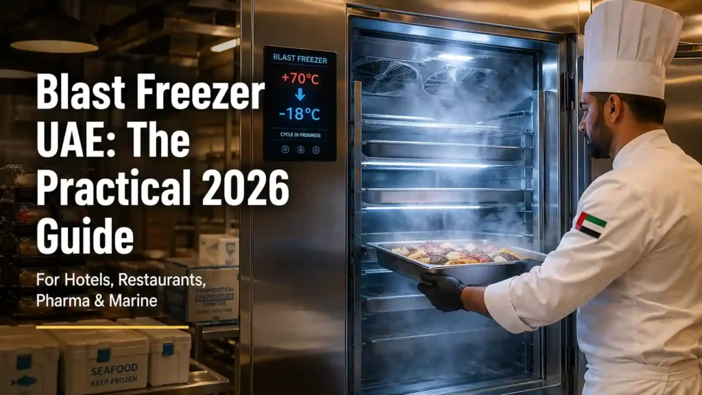 Blast freezer UAE practical guide 2026 showing chef using commercial blast chiller freezer at -18°C in professional kitchen
