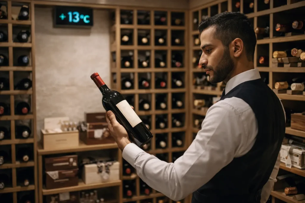 Man inspecting wine bottle inside a chiller cold room in UAE maintained at 13°C for beverage storage