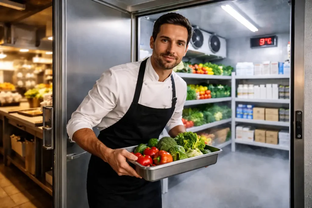 Chef inside a cold room in UAE holding fresh vegetables in a walk-in chiller storage environment at 3°C
