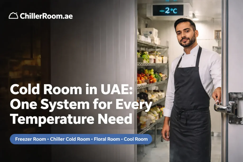 Chef standing inside a walk-in cold room chiller in UAE with fresh vegetables and temperature display showing 2°C storage environment