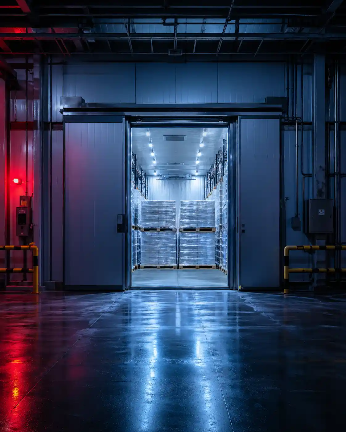 Industrial cold storage in Dubai with open insulated door showing temperature-controlled interior and pallet storage inside