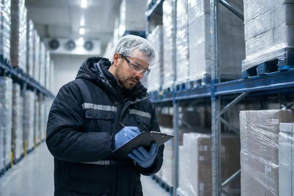 Technician inspecting inventory inside a temperature-controlled cold storage warehouse in UAE with palletized goods and refrigeration system