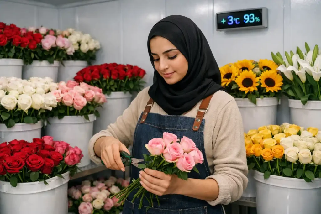 Florist arranging fresh roses inside a floral cold room in UAE at 3°C with controlled humidity for flower preservation