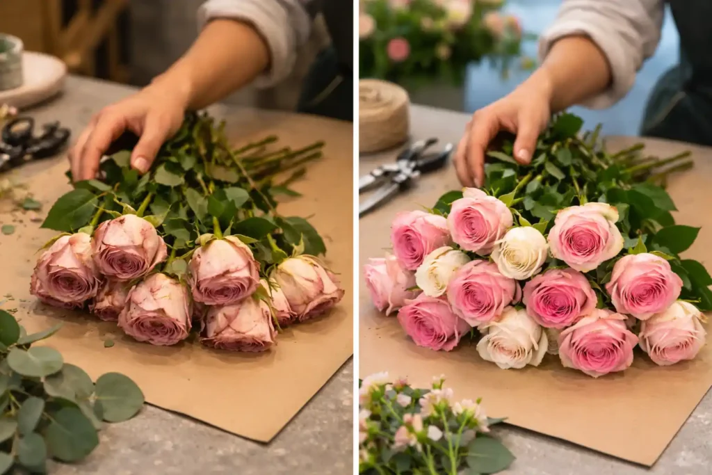 Before and after comparison of roses showing flower chiller preservation vs wilted flowers in UAE conditions
