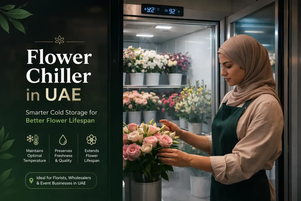 Flower chiller in UAE maintaining 4°C temperature and 92% humidity while florist arranges fresh roses inside cold storage