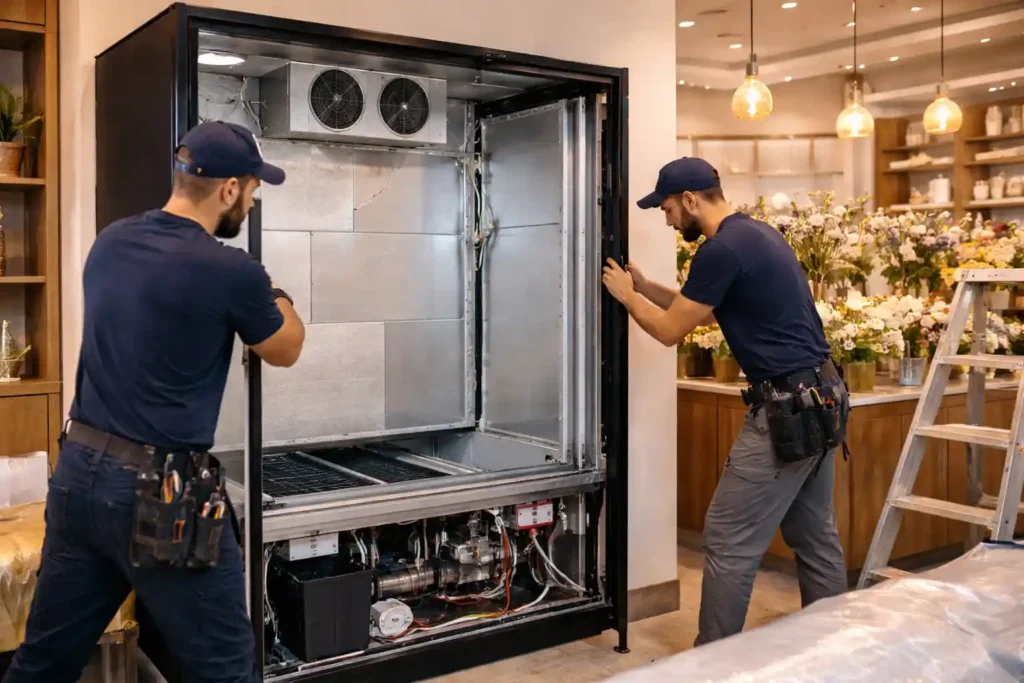 Technicians installing a flower chiller in UAE showing internal refrigeration system and cold storage components