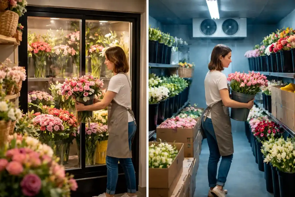 Flower chiller display unit vs walk-in cold storage room in UAE showing retail florist storage and bulk flower storage comparison