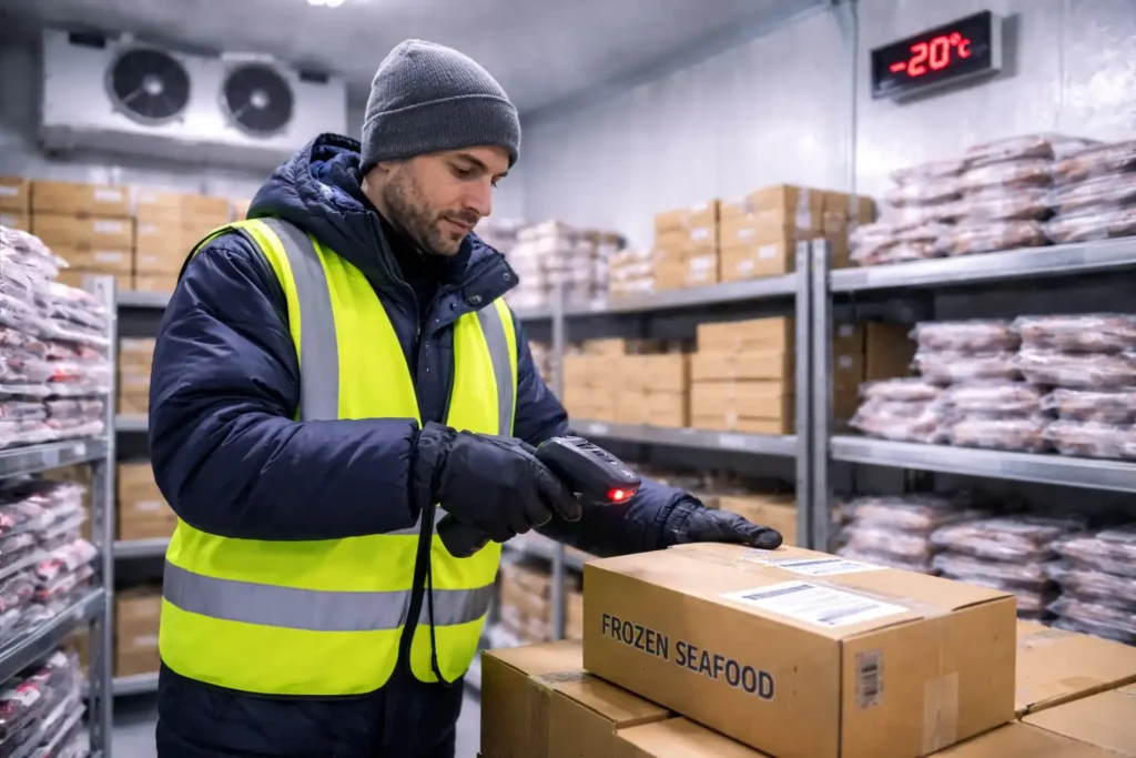 Worker scanning frozen seafood boxes inside a freezer room in UAE at -20°C cold storage facility